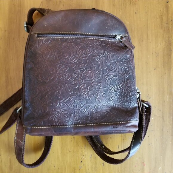 Jack Georges Brown Floral Embossed Leather Backpack Tote Satchel Bag Purse - Picture 16 of 16